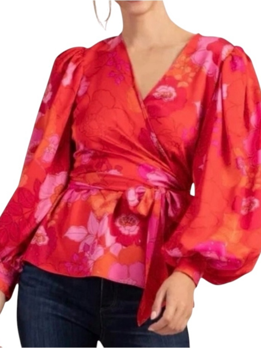 Trina Turk Aquatic Floral Wrap Top Red Pink Satin Balloon Sleeve XXL NWT